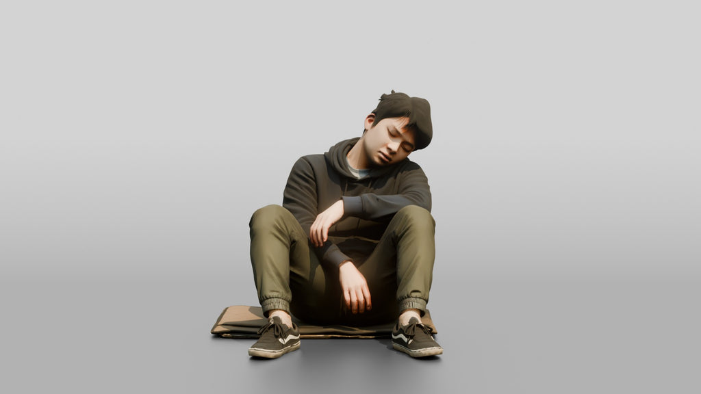 Homeless Man Sleeping with His Back Against a Wall Structure