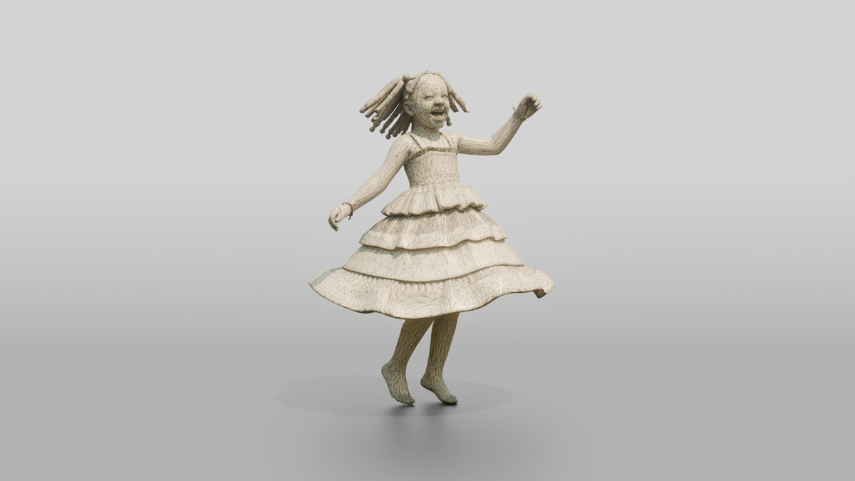 Joyful African Girl Spinning in a Tiered Dress - wireframe topology preview