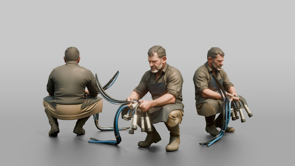 Farmer Crouching Down Holding Automated Milking Apparatus Equipment