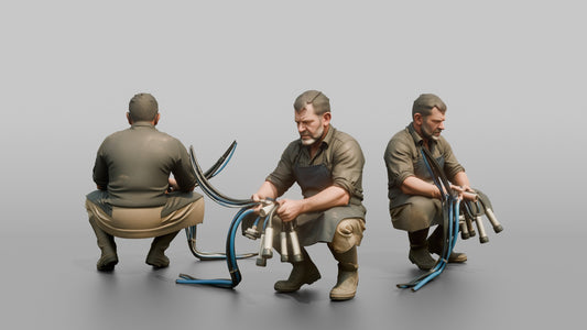 Farmer Crouching Down Holding Automated Milking Apparatus Equipment