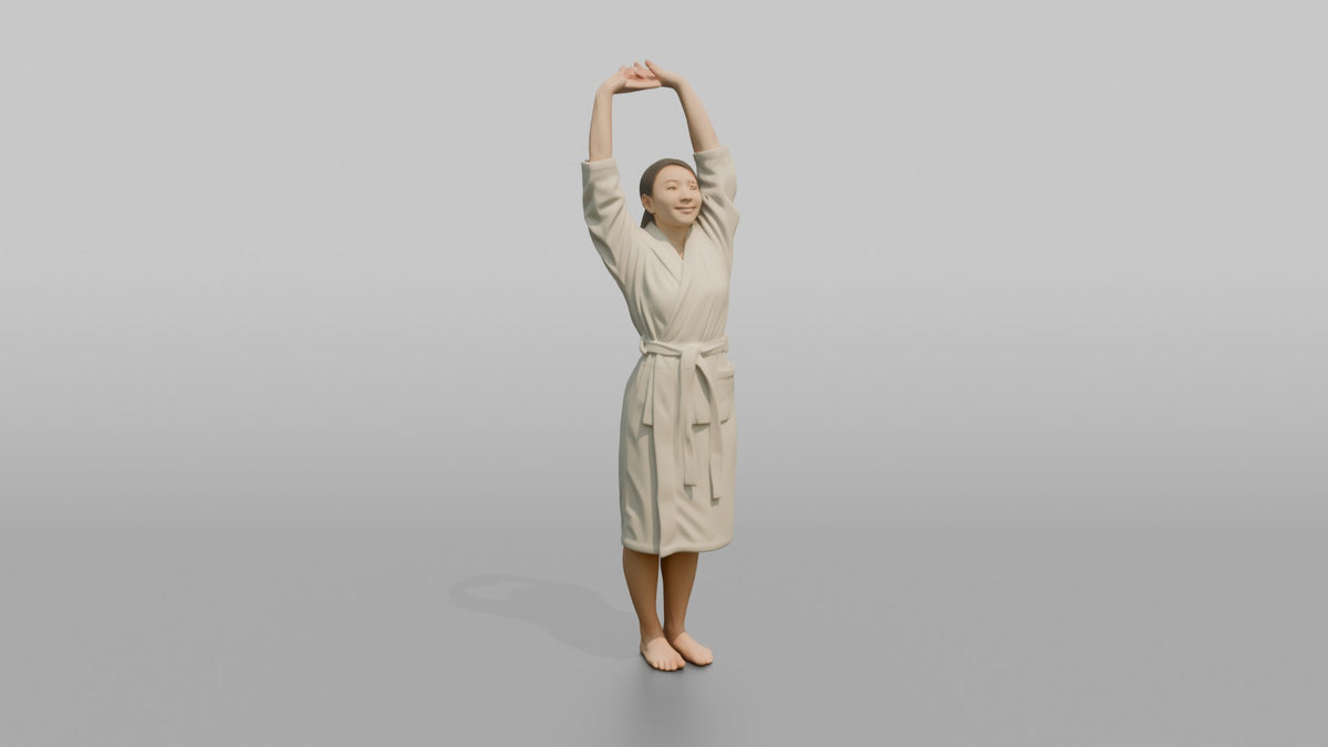 Spa Client Man Standing Stretching Both Arms Overhead In A Robe - 3D character model, view 5
