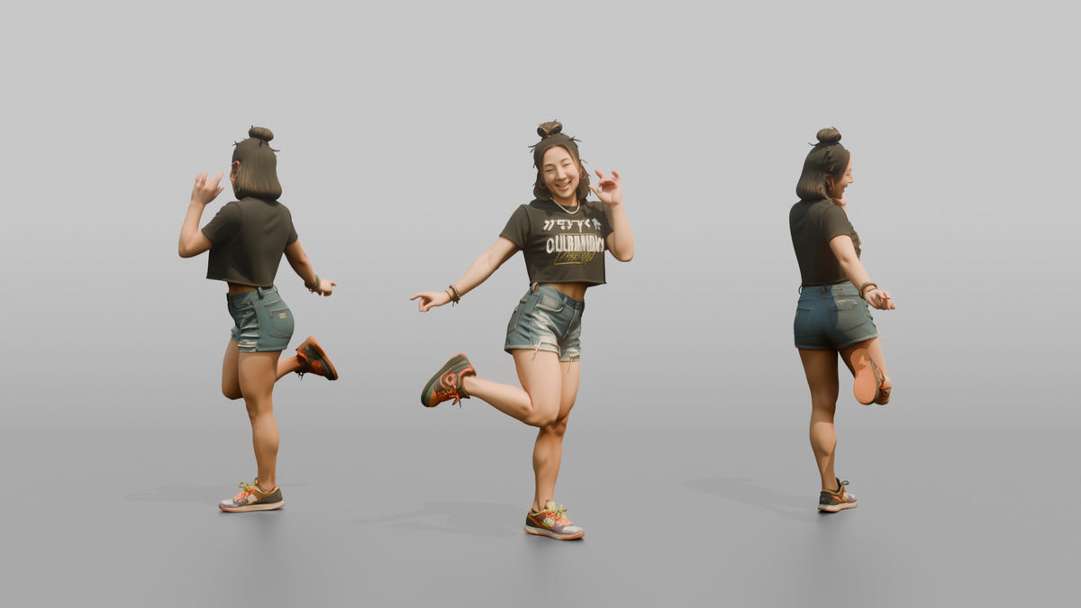Patron Woman Striking A Playful Pose In Mismatched Colorful Sneakers - 3D character model, view 1