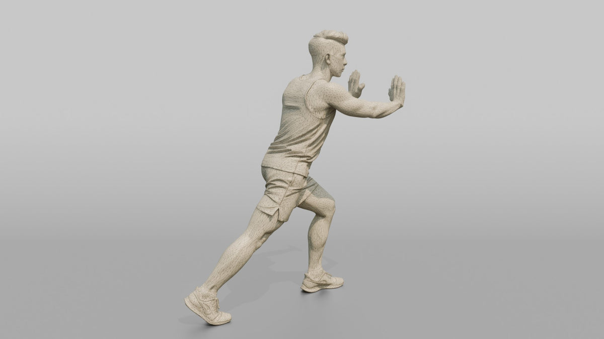 Fitness Influencer Man Doing A Calf Stretch Against An Invisible Wall - wireframe topology preview