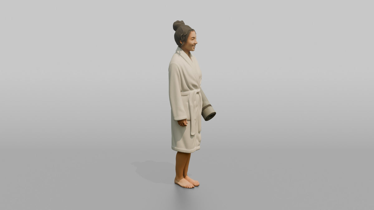 Spa Client Woman Standing Holding A Rolled Yoga Mat, Robe On - 3D character model, view 2