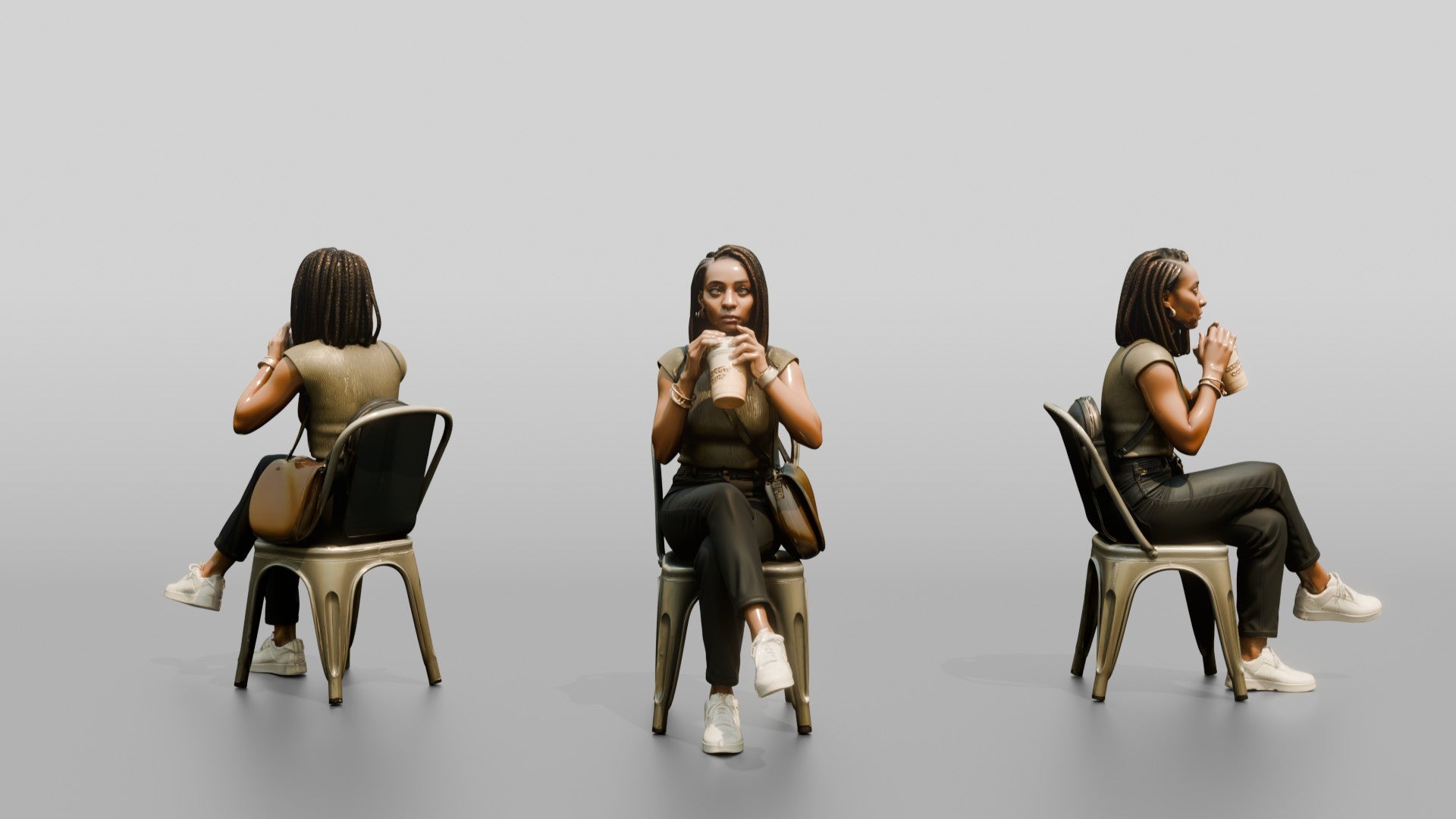 Young Black Woman Seated Drinking Coffee with Handbag