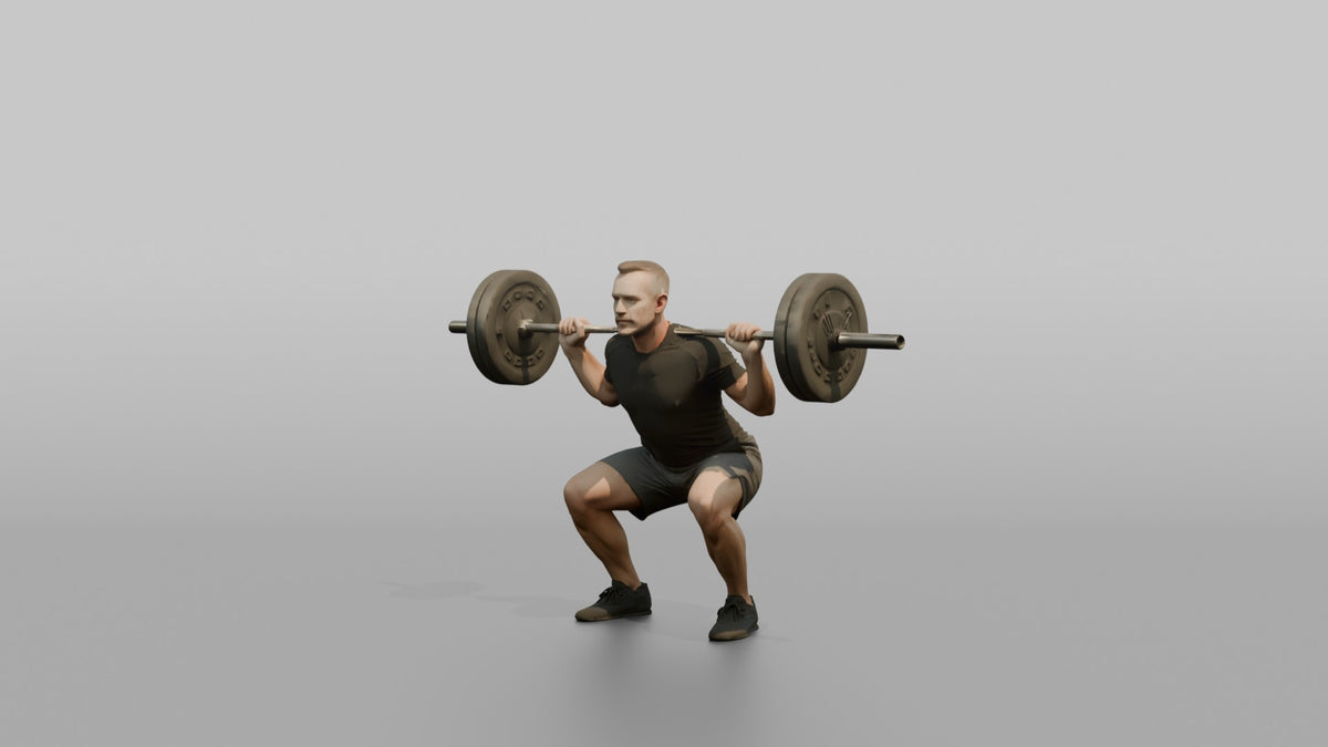 Weightlifter Man Holding A Barbell Across The Shoulders In A Squat Stance - 3D character model, view 4