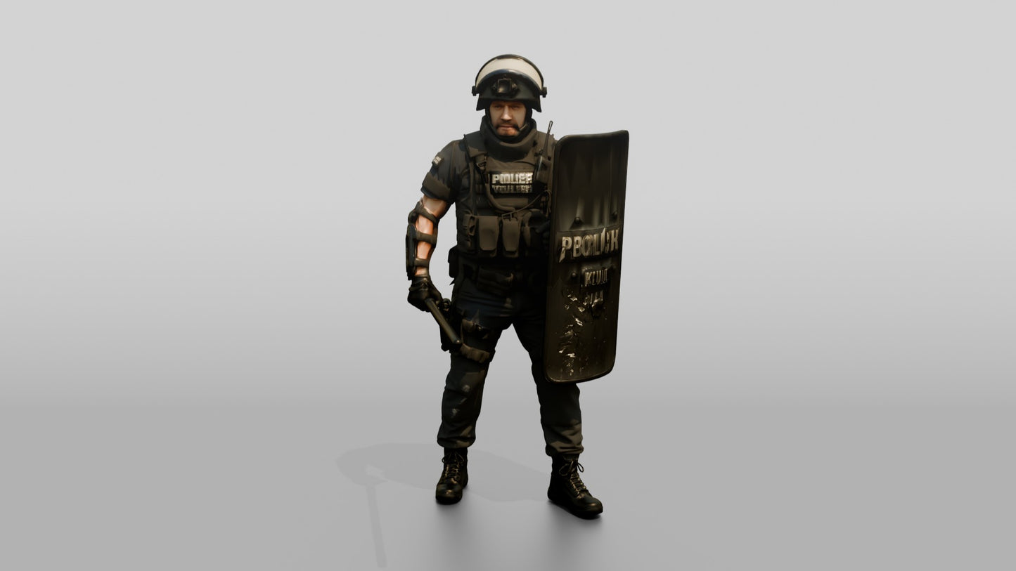 Riot Police Officer Holding Baton and Shield