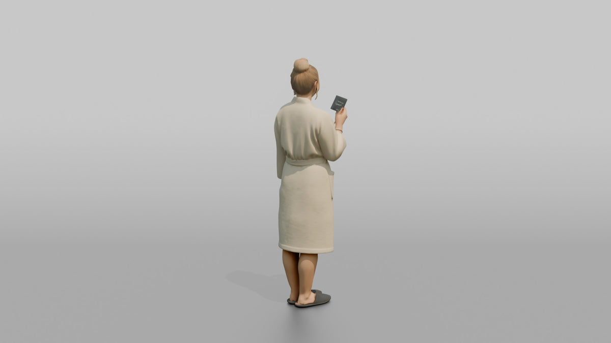 Spa Client Woman Standing Holding A Spa Locker Key Card - 3D character model, view 3