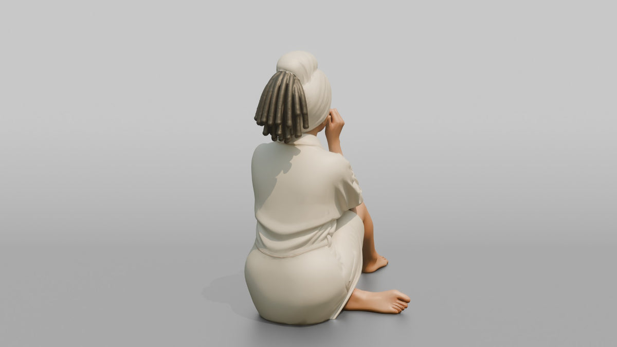Spa Client Woman Sitting With Cucumber Slices Held Over Closed Eyes - 3D character model, view 3