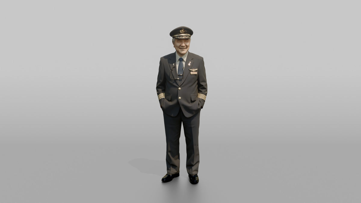 East Asian Airline Captain Smiling with Glasses in Hand - 3D character model, view 5