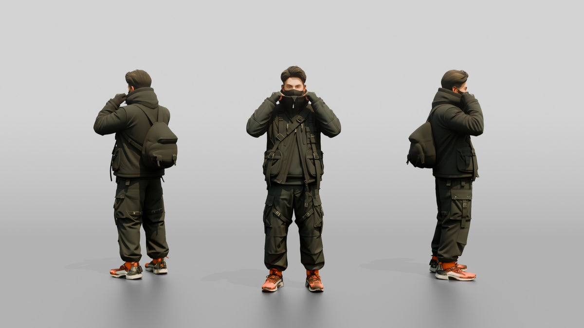 Techwear Man Pulling Up His Collar - 3D character model