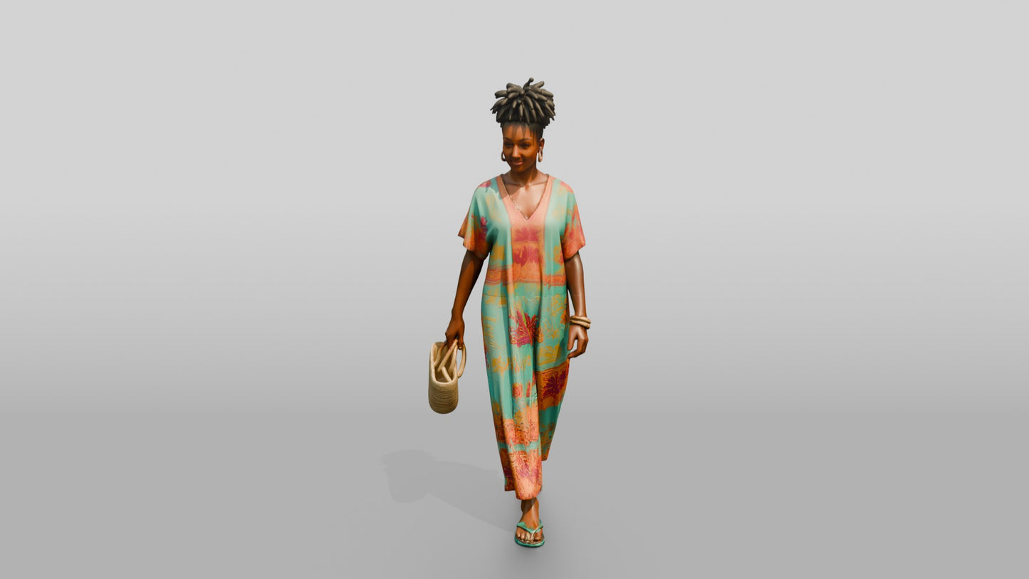 Afro-Latina Woman with Woven Shopping Bag