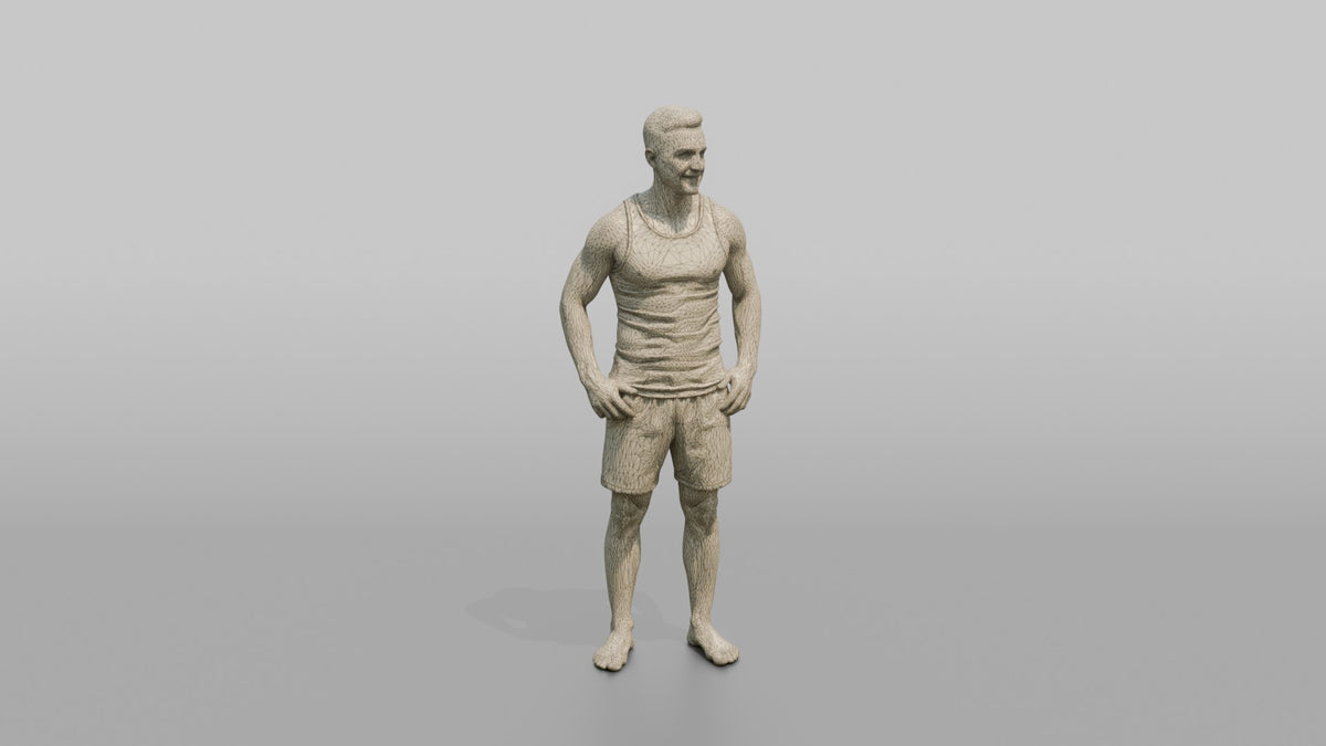 Physique Model Man Standing In A Relaxed Athletic Stance, Thumbs In Waistband - wireframe topology preview