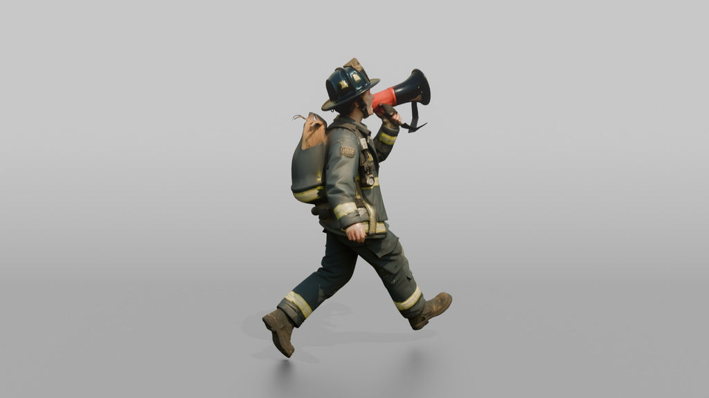 Firefighter Woman Running While Holding a Portable Megaphone
