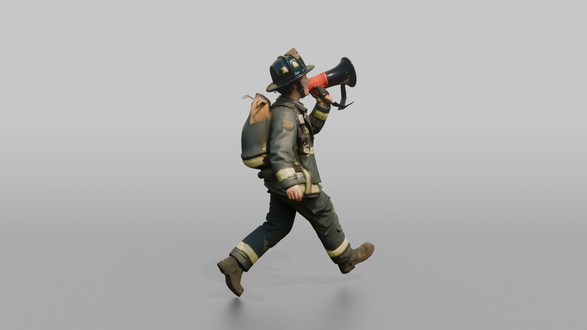 Firefighter Woman Running While Holding a Portable Megaphone