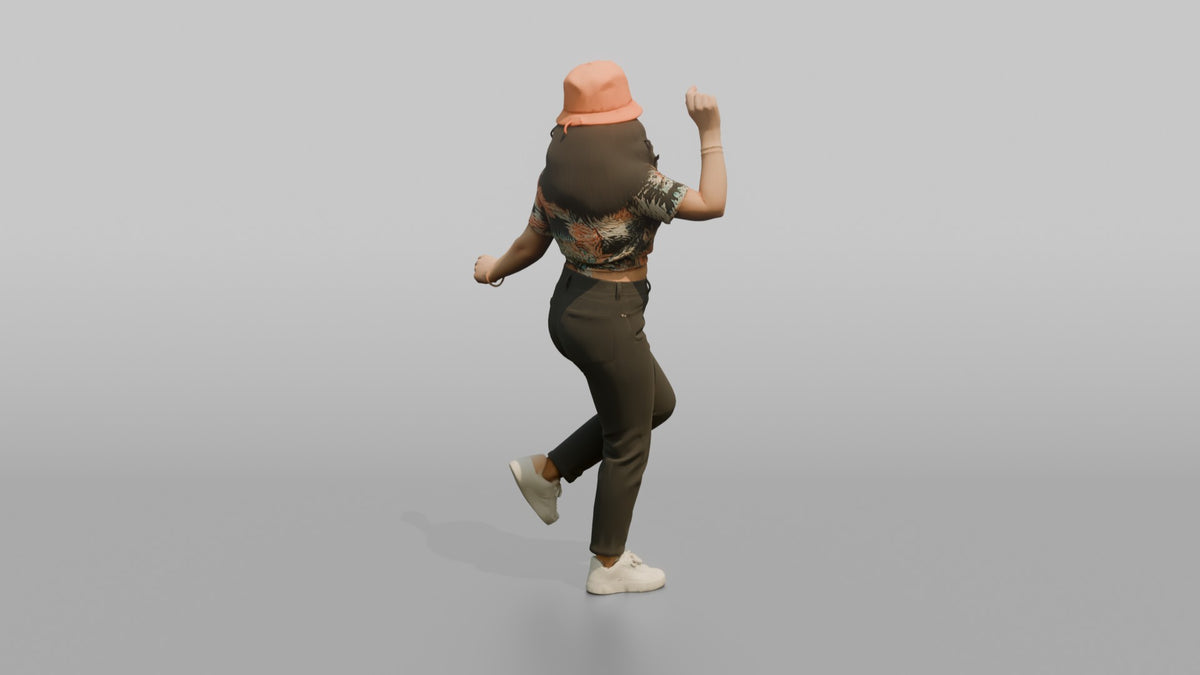 Patron Woman Wearing A Bucket Hat In A Bright Color, Dancing Casually - 3D character model, view 3