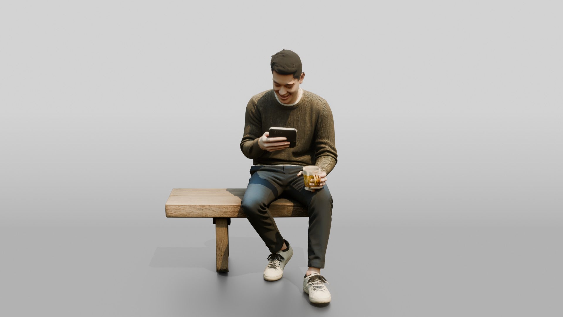 Young Chinese Man Relaxing on a Bench with Phone