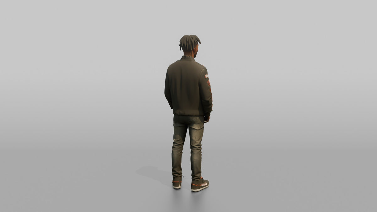 Patron Man Wearing A Vibrant Streetwear Jacket With Bold Patches - 3D character model, view 3