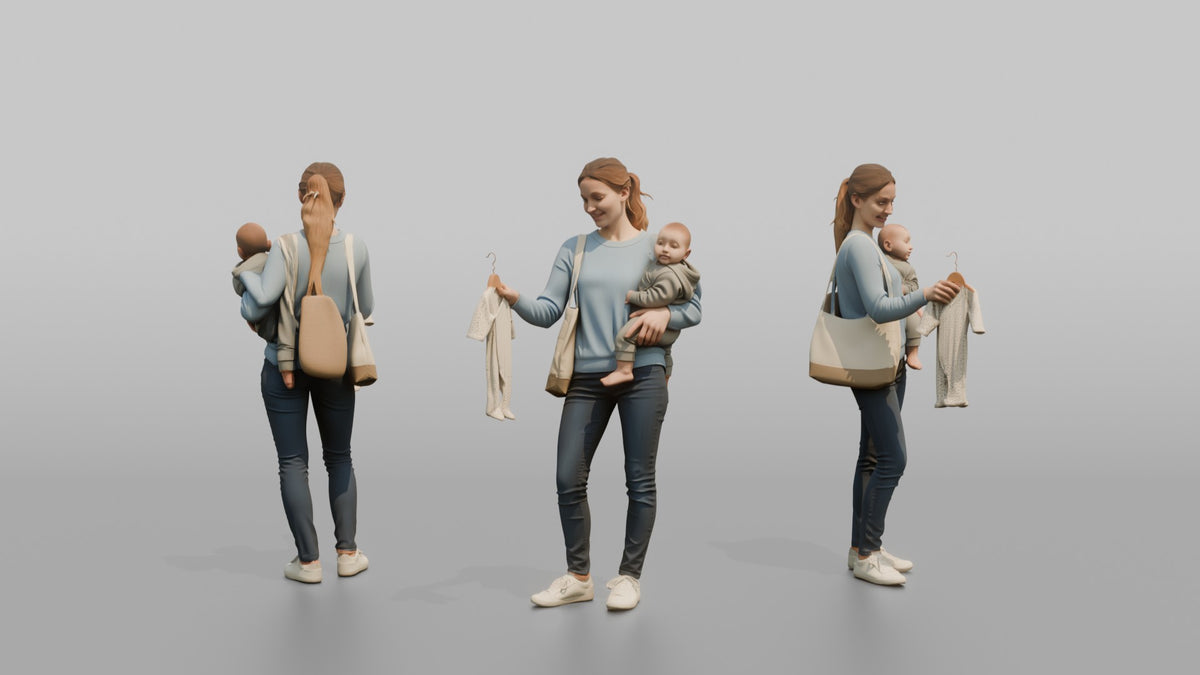 Woman Customer Carrying A Baby On Her Hip While Browsing Baby Clothes - 3D character model, view 1