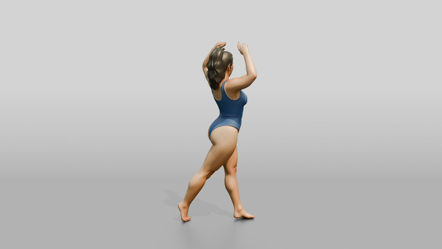 Curvy Woman in Blue Swimsuit Posing with Arms Raised