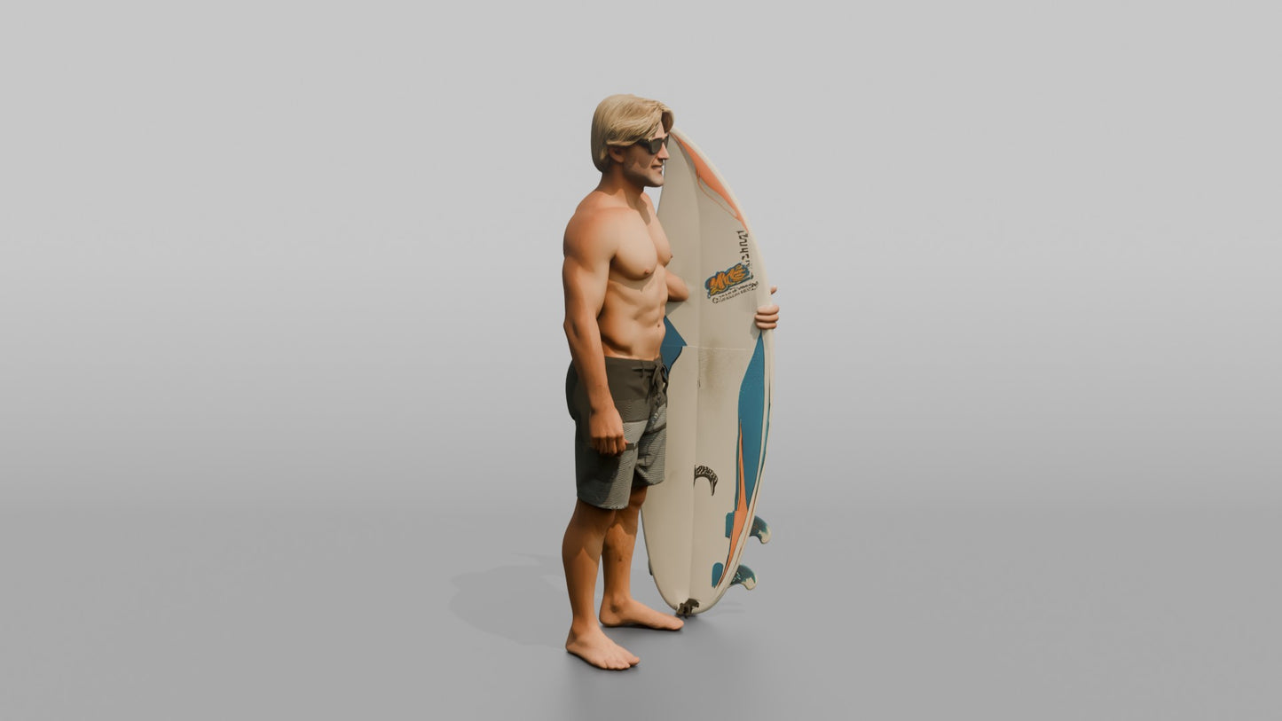 Rugged Surfer Posing with His Surfboard
