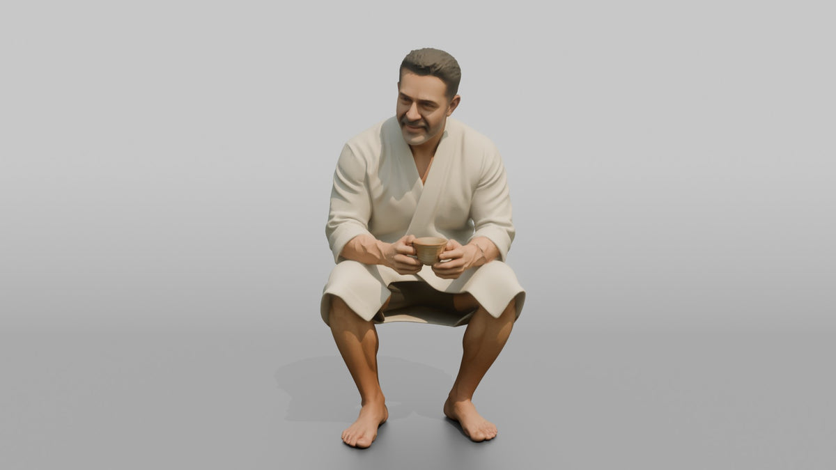 Spa Client Man Sitting Holding A Cup Of Herbal Tea With Both Hands - 3D character model, view 5