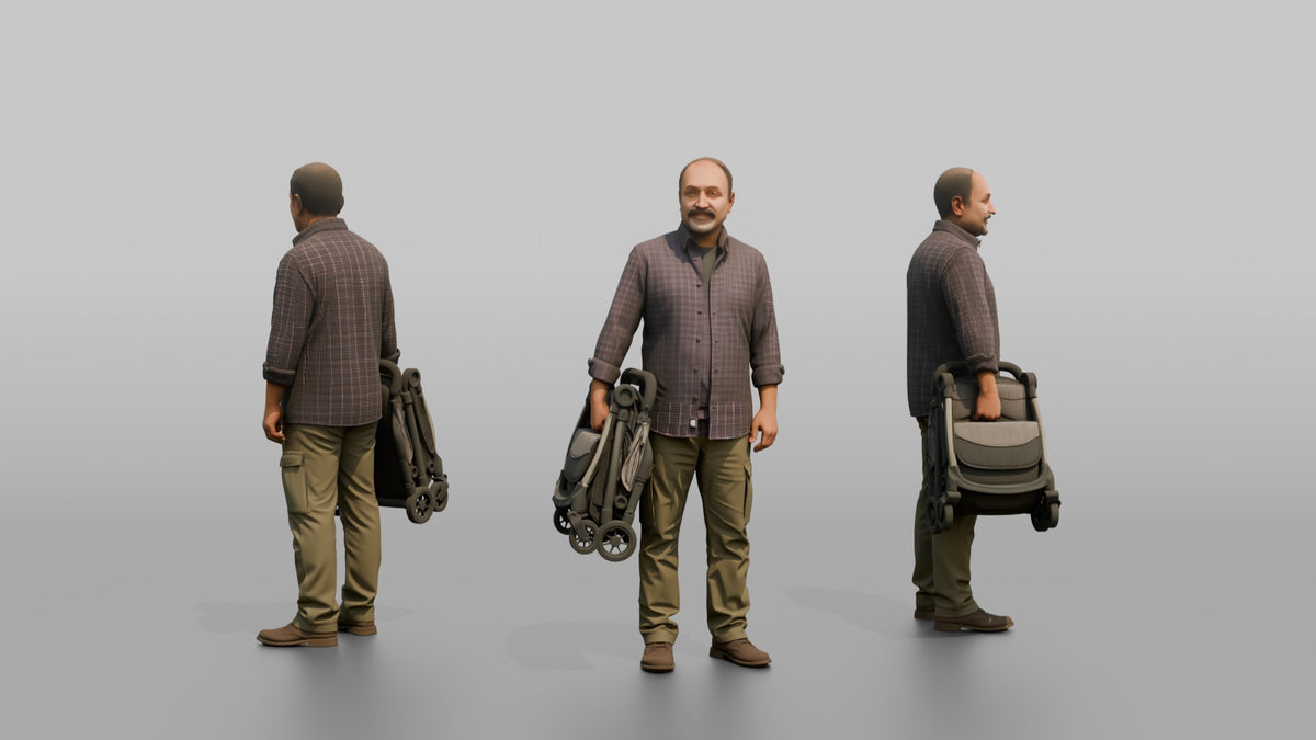 Father Carrying A Folded Stroller Tucked Under One Arm - 3D character model, view 1