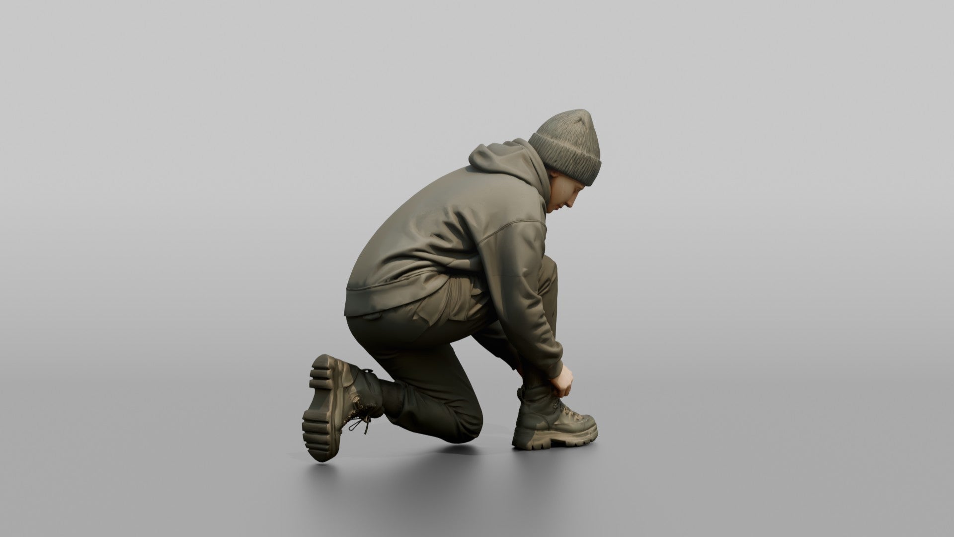 Woman Kneeling to Adjust Her Boots