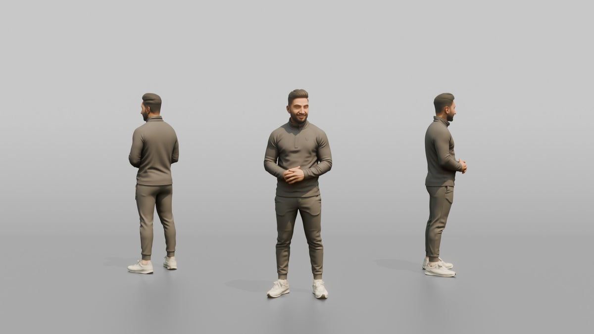 Fitness Influencer Man Standing With Hands Clasped In Front, Relaxed Pose - 3D character model, view 1