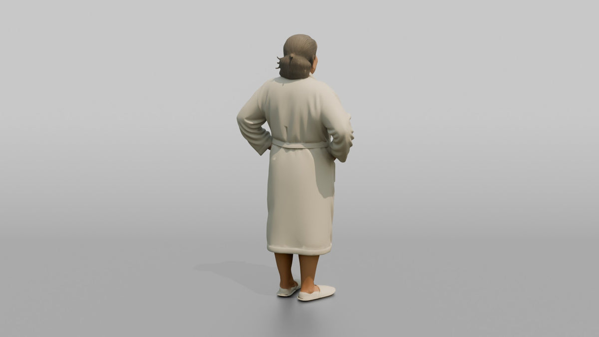 Spa Client Woman Standing Looking Relaxed, Hands Resting On Hips, Robe On - 3D character model, view 3