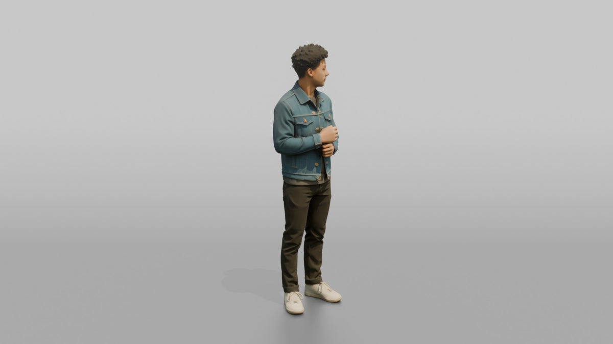 Man Customer Trying On A Denim Jacket - 3D character model, view 2