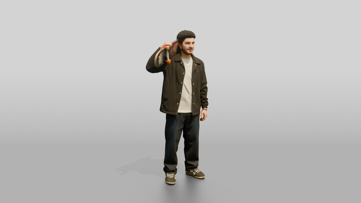 Skater Man Carrying Skateboard on Shoulder