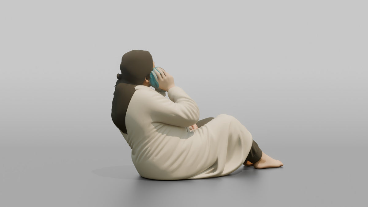 Spa Client Man Reclining Pose, Holding A Cold Eye Mask Near The Face - 3D character model, view 3