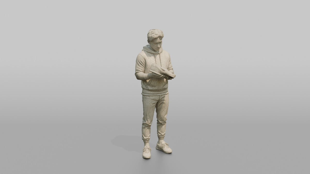 Man Customer Holding Up A Pair Of Sneakers To Inspect Them - wireframe topology preview