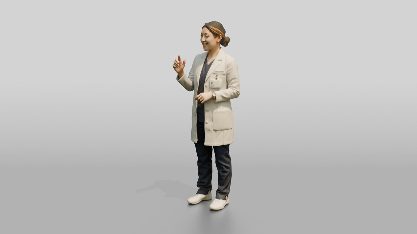Young East Asian Woman Doctor with Hand Raised