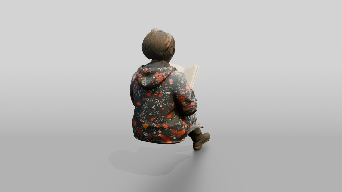 Black Woman Reading a Book in Patterned Raincoat