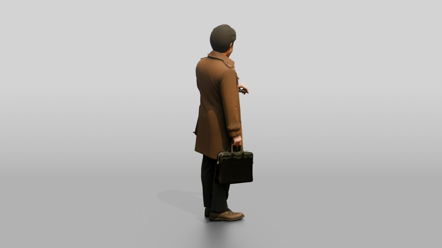 East Asian Man in Brown Raincoat Checking Watch