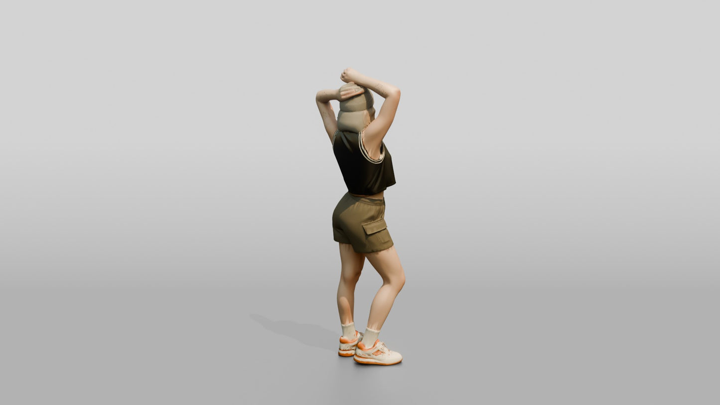 Woman Stretching Arms Overhead in Olive Cargo Shorts