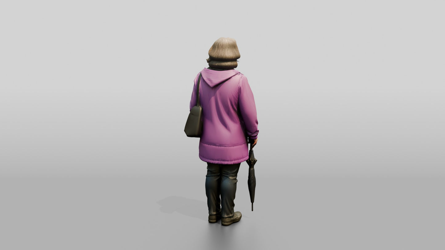 White Woman Waiting at a Crosswalk in Purple Raincoat