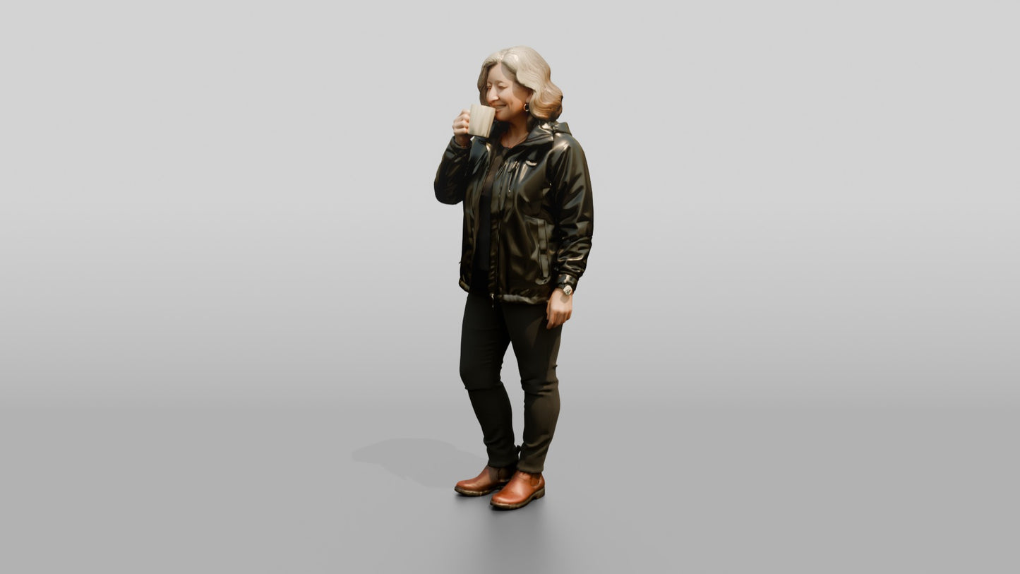 White Woman Drinking Coffee in Waterproof Jacket