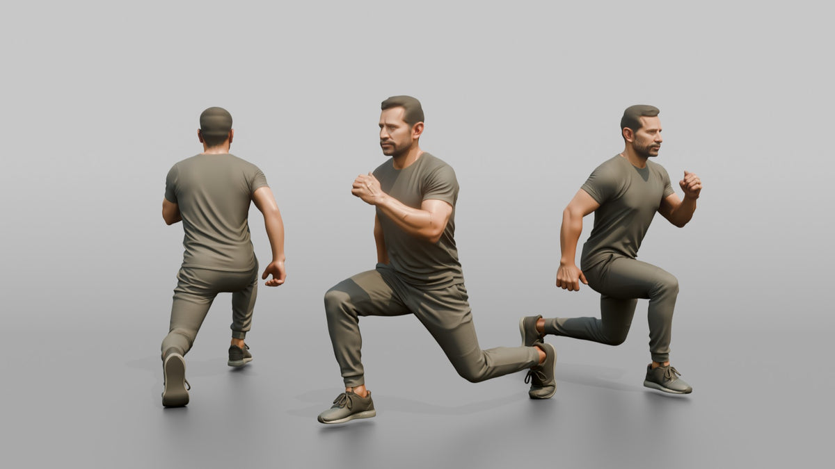 Bodyweight Athlete Man In A Deep Bodyweight Lunge - 3D character model, view 1