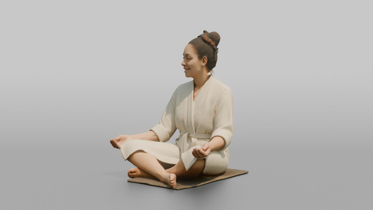 Spa Client Man Sitting Cross-legged On A Mat, Wearing A Spa Robe - 3D character model, view 4