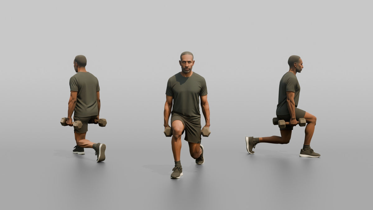 Weightlifter Man Holding Two Dumbbells At The Sides Mid-lunge - 3D character model, view 1
