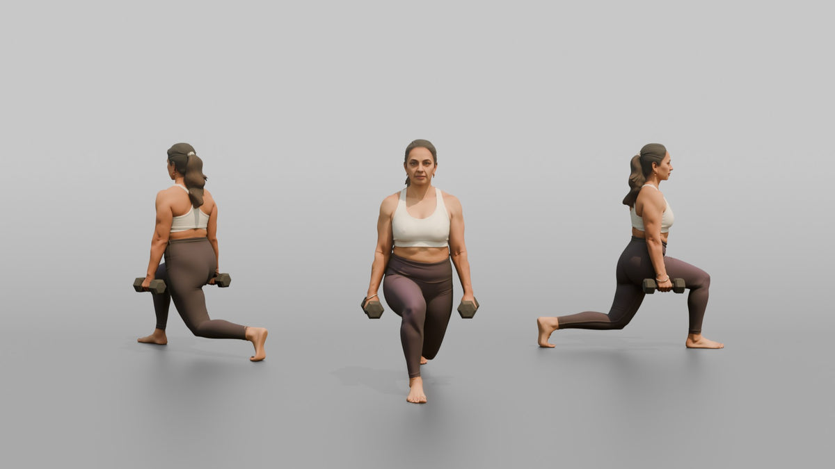 Weightlifter Woman Holding Two Dumbbells At The Sides Mid-lunge - 3D character model, view 1