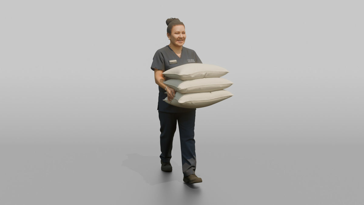 Housekeeping Staff Woman Carrying A Stack Of Pillows - 3D character model, view 2