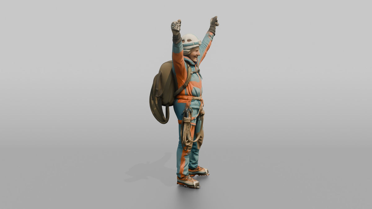 Mountaineer Raising Her Arms in Victory - 3D character model, view 2