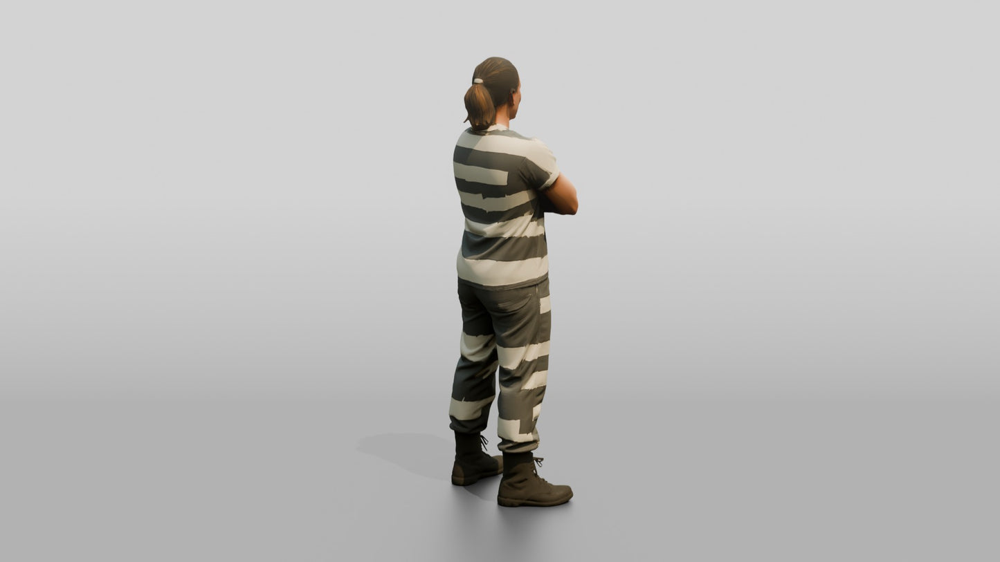 Caucasian Female Prisoner in a Grey-white Striped Uniform