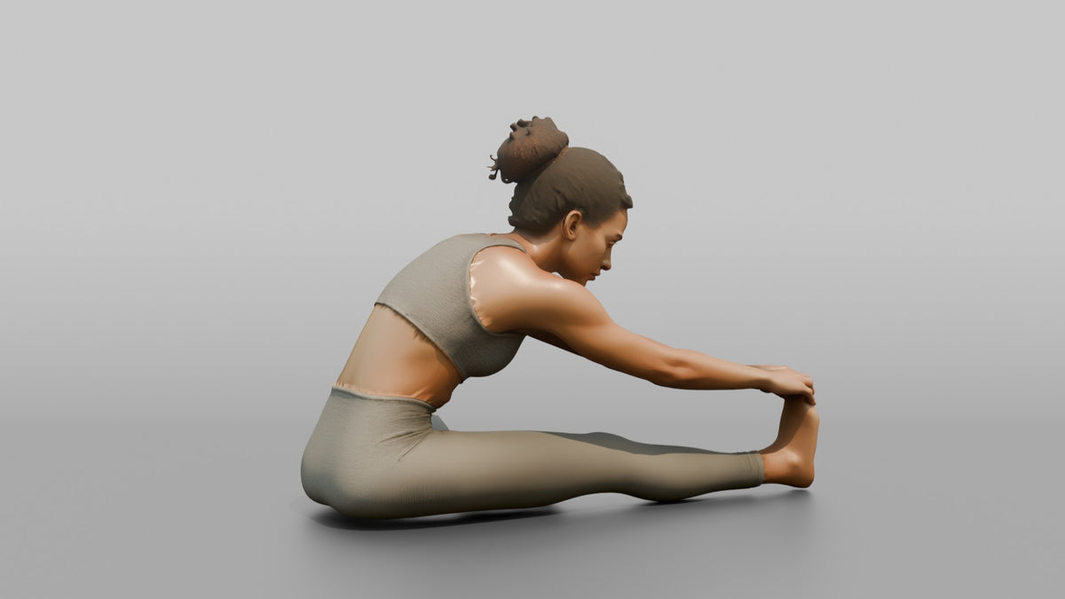 Fitness Influencer Woman Stretching One Leg Forward, Hands Reaching Toward The Foot - 3D character model, view 3