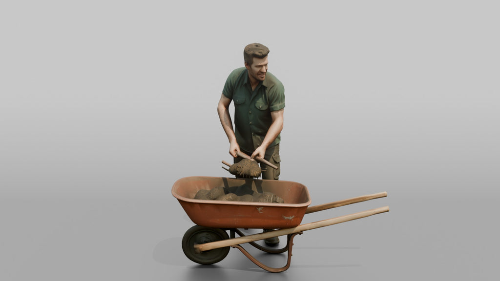 Farmer Shoveling Manure Into Wheelbarrow