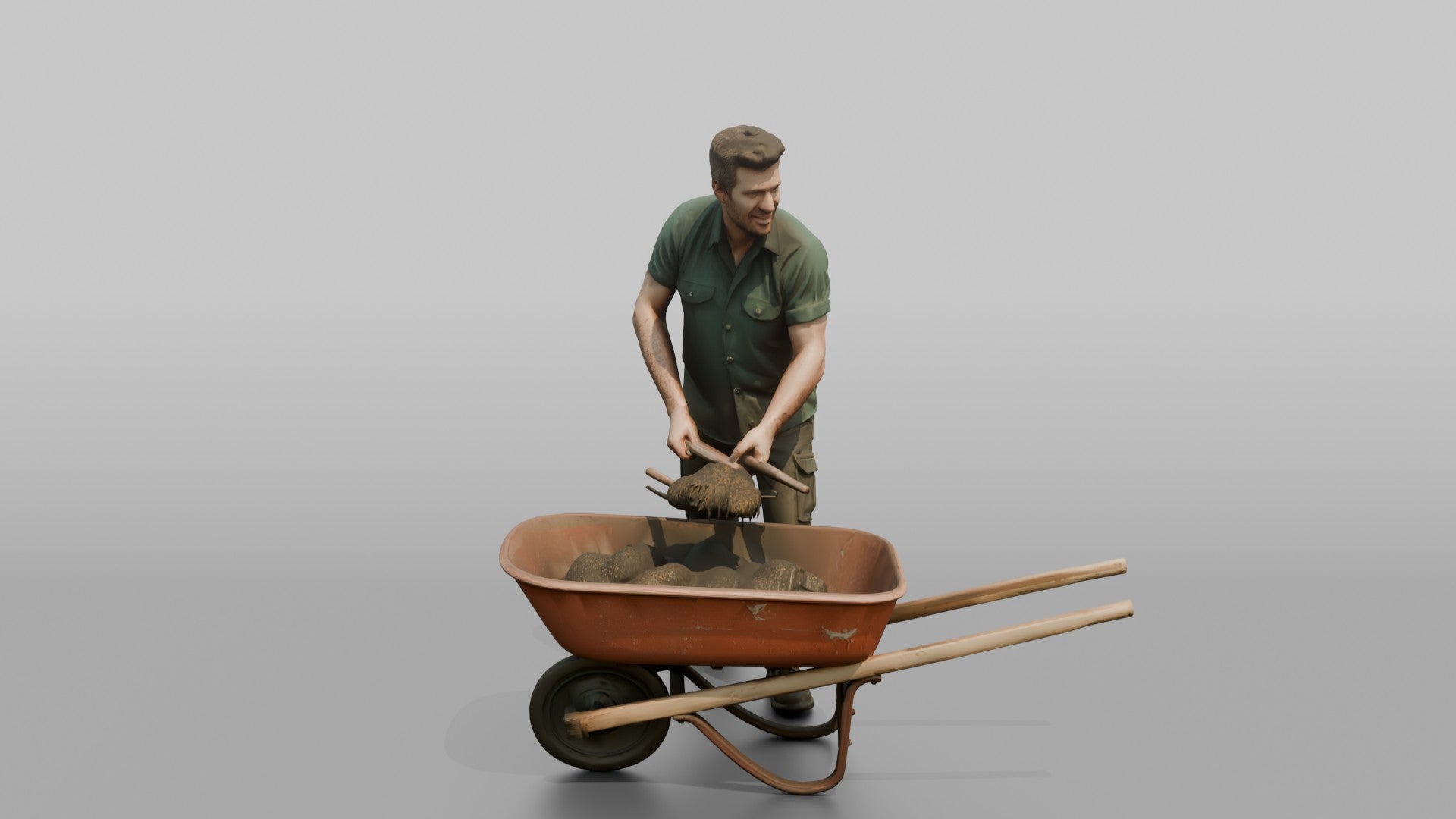 Farmer Shoveling Manure Into Wheelbarrow